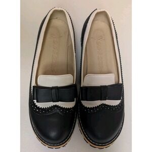 Pixie Cove White/Black Bowtie Penny Loafers Slip On Retro Mary Jane US 8 EU 39